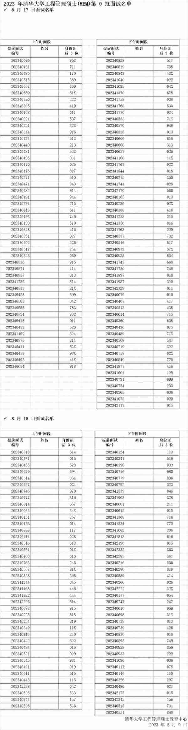 2023年清华大学工程管理硕士(MEM)第0批提前面试安排